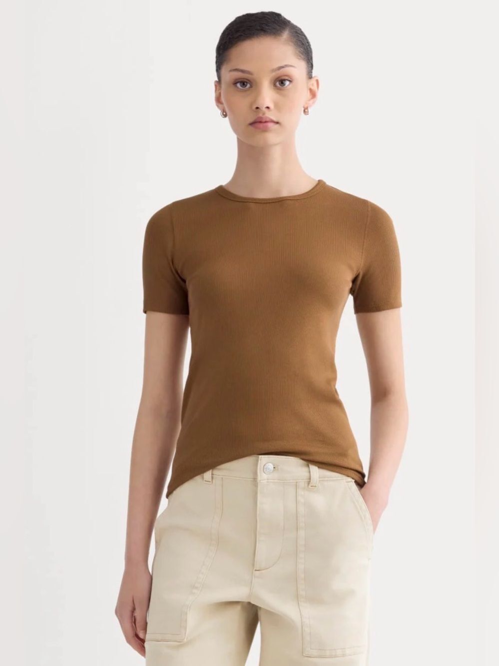 New Everlane The Luxe Rib Crew in Toffee M Polished Effortless Style Clean Girl